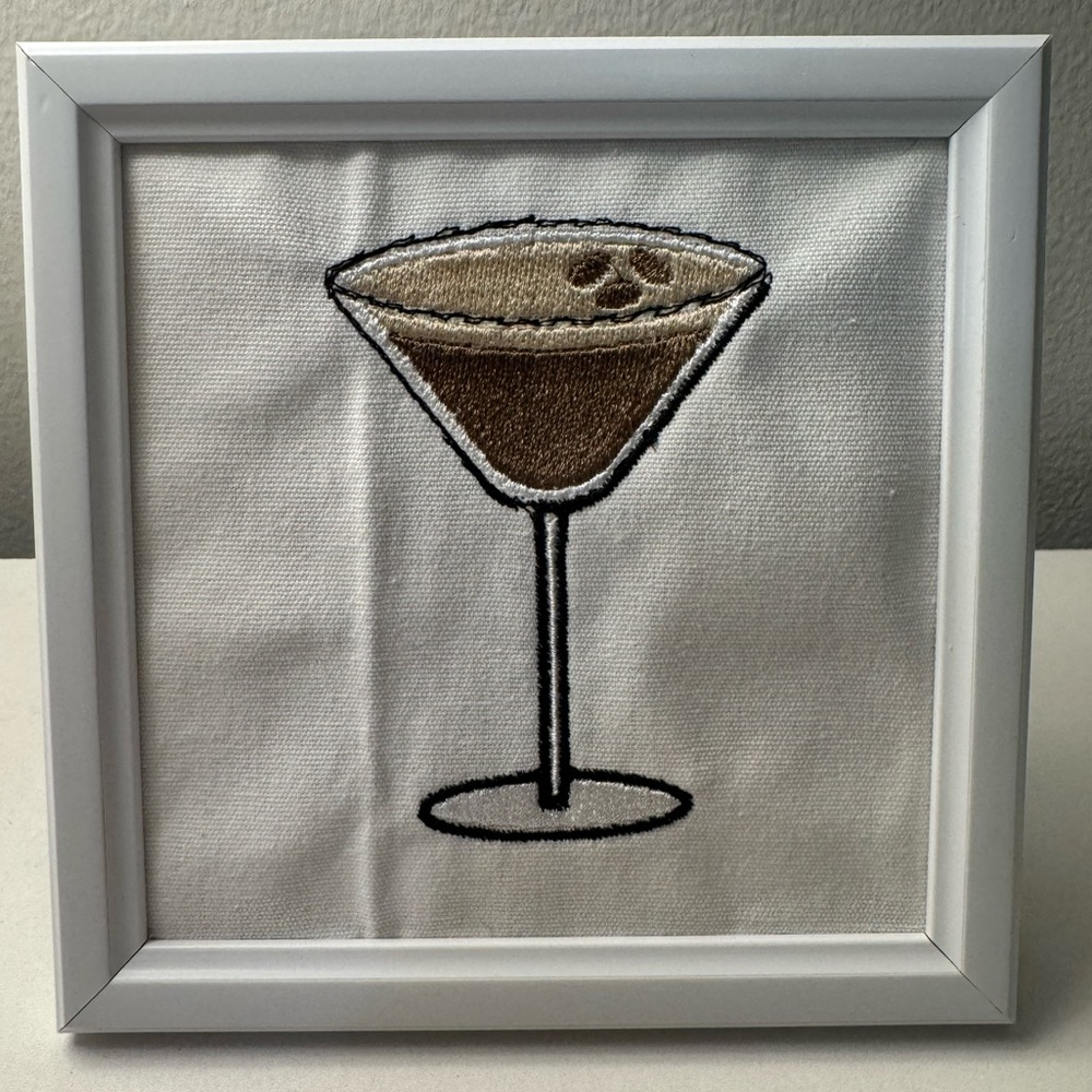 Handmade Espresso Martin Embroidered Picture Frame Decor | Bar Cocktail Wall Art
